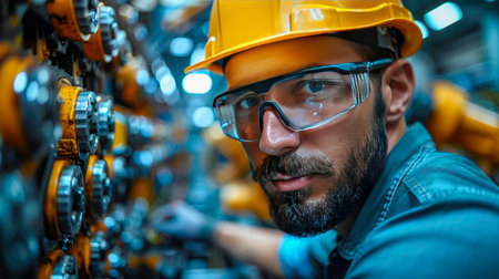 Industrial worker in safety helmet and safety goggles working in factory.の素材