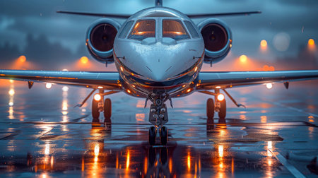 Passenger luxury private airplane on the runway at sunset.の素材