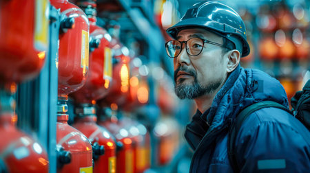 Portrait of mature male fire inspector conducts an inspection checks fire extinguishers to ensure fire safety.の素材