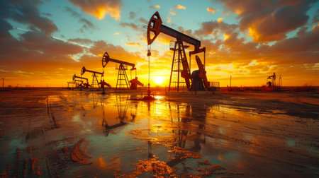 Oil field scene with pump jack and reflection in water at sunset.の素材