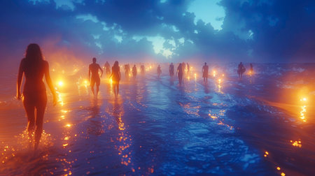 Silhouettes of people on the beach walking in the water at sunset.の素材