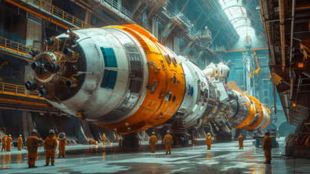 Industrial high-tech modern futuristic construction installation of a large spaceship in the space shipyard of the station.の素材