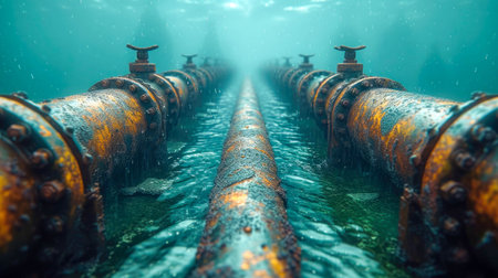 Old rusty industrial pipeline with oil or gas in deep blue water.の素材