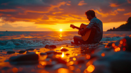 Young man playing guitar on the beach at beautiful sunset in summer.の素材