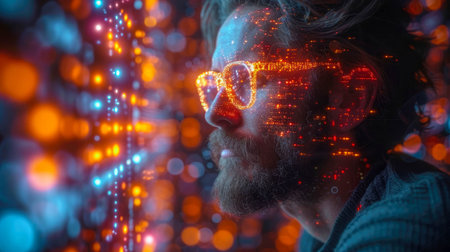 Portrait of young man playing video games with VR headset,の素材