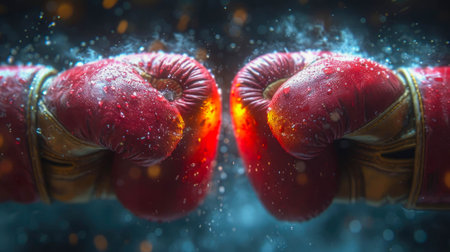 Boxing gloves and splash of water on a dark background. Close-up.の素材