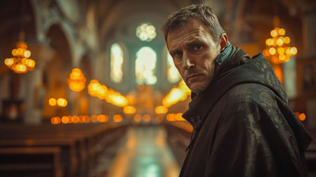 Portrait of a senior priest man with a beard in a Catholic church.の素材