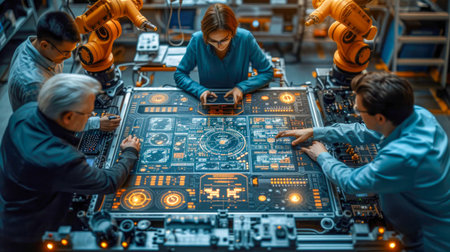 High angle view of diverse team of people in smart casual wear working together in modern office. This is a freight transportation and distribution warehouse. Industrial and technology concept.の素材