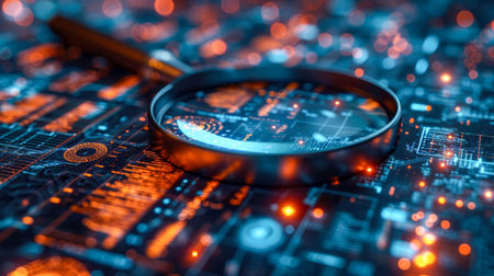 Close-up of a magnifying glass on a printed circuit board.の素材