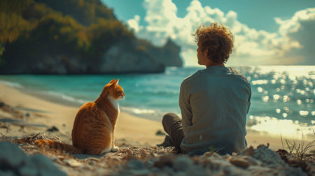 Young man sitting on the beach with his cat and watching the sunset.の素材