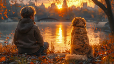 Little boy and dog sitting on the bank of the river at sunset.の素材