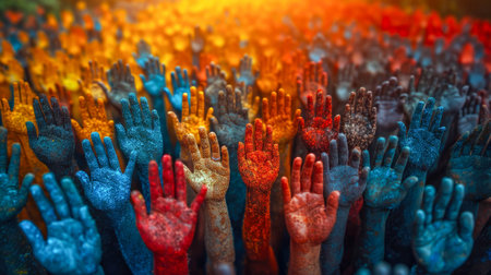 Colorful hands raised up at a music festival. Abstract background.の素材