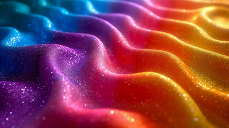 Rainbow fabric abstract waves background. Close-up of colorful fabric texture.の素材