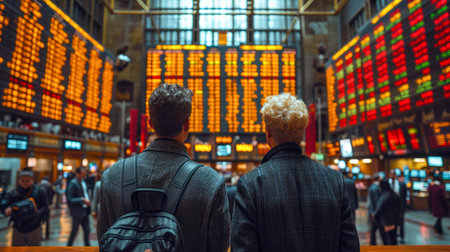 Stock exchange trading. Rear view of two businessmen looking at the stock exchange.の素材