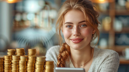 Portrait of smiling young woman using digital tablet while standing in cafe and stacks of gold coins.の素材