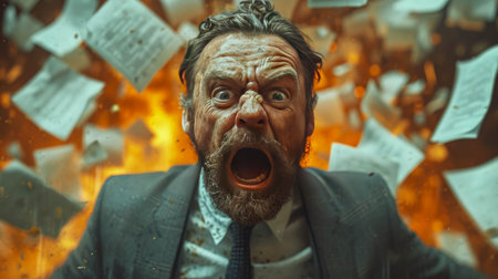 Angry businessman screaming in the office with documents in his hands, paper work.の素材