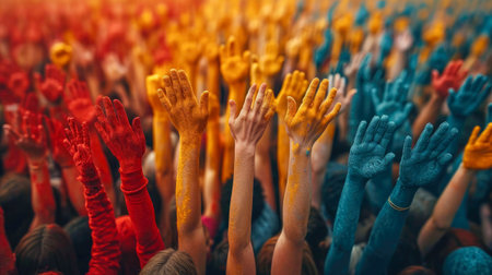 Colorful hands raised up at a music festival. Abstract background.の素材