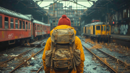 Traveler with backpack on the platform of the railway station.の素材