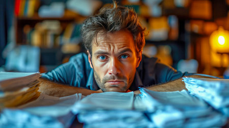 Male clerk office worker in papers and documents overwhelmed with paperwork during deadline at work.の素材