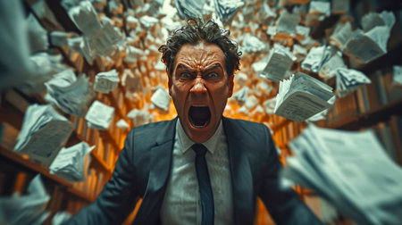 Angry businessman screaming in the office with documents in his hands, paper work.の素材