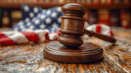 Wooden gavel and usa flag on wooden table. Law concept.の素材