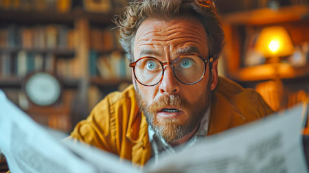 Close-up portrait of a mature man in glasses reading a newspaper.の素材