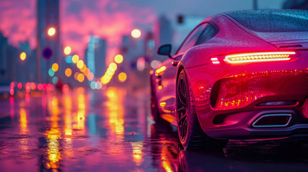 Modern car on the road with city lights in the background at night.の素材