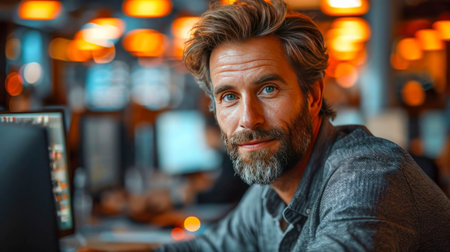 Portrait of a young call center operator wearing headset and glasses while working in a call center.の素材