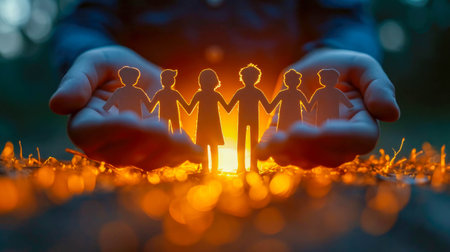 Silhouette of a family in the hands of a man.の素材