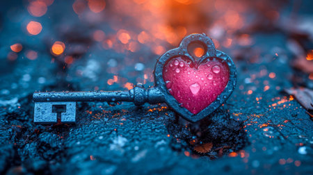 Valentine's Day. Heart-shaped key in the winter forest.の素材