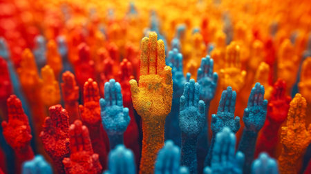 Colorful hands raised up at a music festival. Abstract background.の素材