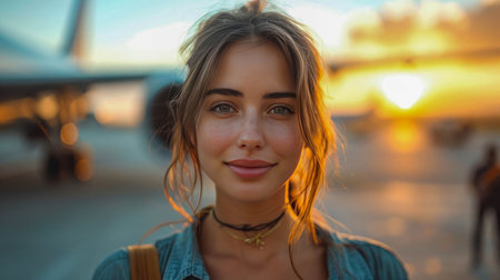 Portrait of a beautiful young woman in front of an airplane at sunset.の素材