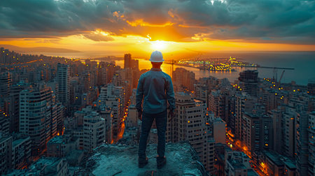 Portrait of a man in a construction helmet on the background of a large city.の素材
