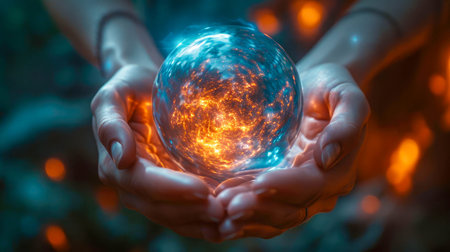 Round glowing transparent magical energy sphere ball in human hands.の素材