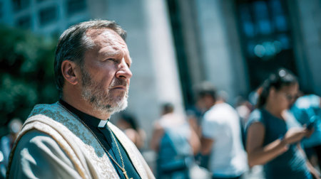 Priest in ceremonial robes standing on a city street during a public procession, surrounded by blurred crowd in bright summer light.の素材