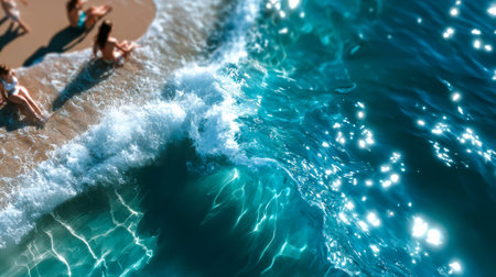 Aerial top view of a turquoise wave breaking onto sandy beach with sun glitter on water and people relaxing by the shoreline.の素材