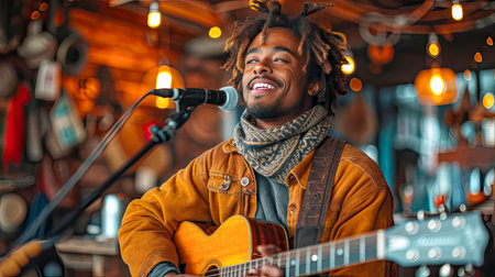 Handsome african american man singing and playing guitar in nightclub.の素材