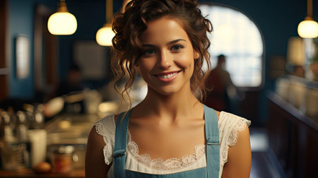 Beautiful young woman barista in apron smiling while working in cafe.の素材