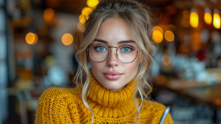Portrait of a beautiful young woman in a yellow sweater and glasses.の素材