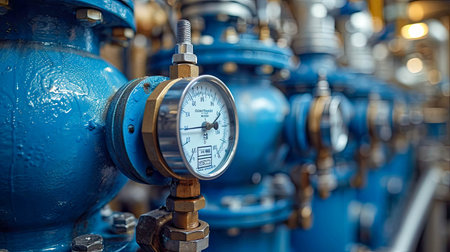 Industrial pressure gauge on pipes in the workshop of an oil and gas processing plant, pressure gauge in boiler room.の素材