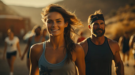 Group of friends running together on the beach. Group of young people jogging at sunset.の素材