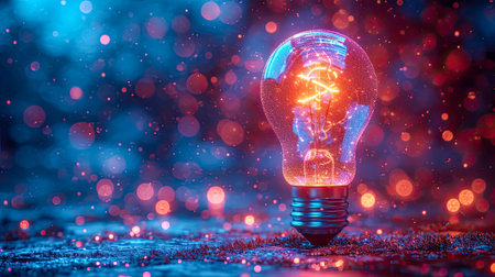 Conceptual image with lightbulb with moving gears as a symbol of an idea on dark background.の素材