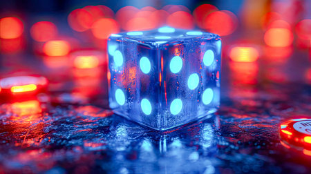 Close up of blue dice on a reflective surface with bokeh background.の素材