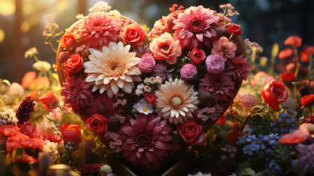 Abstract colorful romantic natural eco friendly love heart made of flowers and petals, Valentine's Day concept.の素材