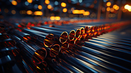 Steel pipes of different diameters in the warehouse of pipelines and spare parts for oil refining petrochemical equipment.の素材