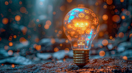 Conceptual image with lightbulb with moving gears as a symbol of an idea on dark background.の素材