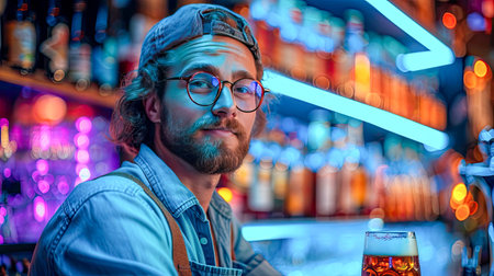 Portrait of a man sitting at a bar counter in a pub.の素材
