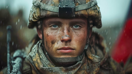Portrait of a military soldier in a protective helmet and uniform at war.の素材