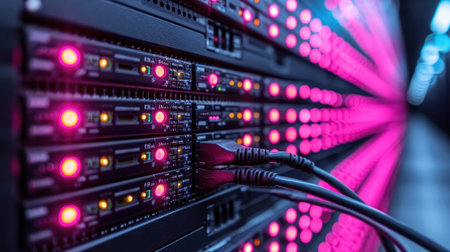 close up of network cables in data center with colorful lights.の素材
