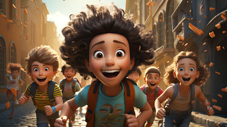 A group of happy children runs joyfully to school smiling and laughing.の素材